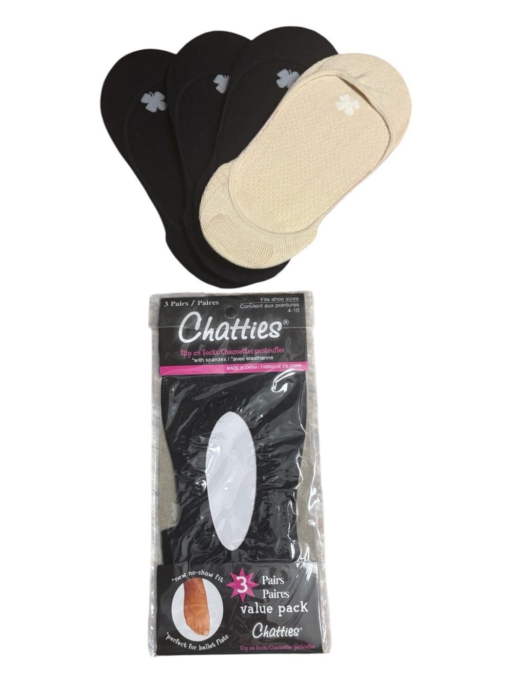CHATTIES LOT No-Show Liner Socks in Black & Beige, 3-Pack Size 4-10 -- NWT